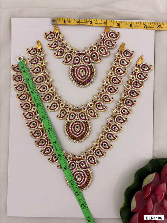 Measurement photo showing 10.5 x 4 Inches deity chest long haram with measuring tape for idol alankaram