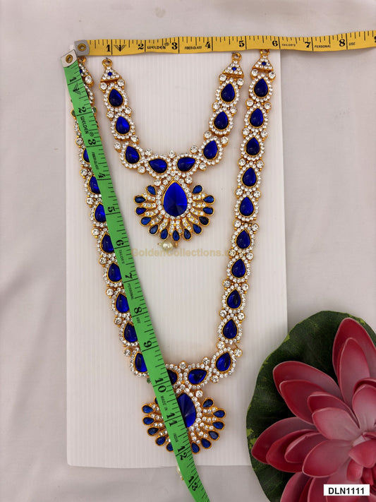 Measurement photo showing 12 x 5 Inches deity chest long haram with measuring tape for idol alankaram
