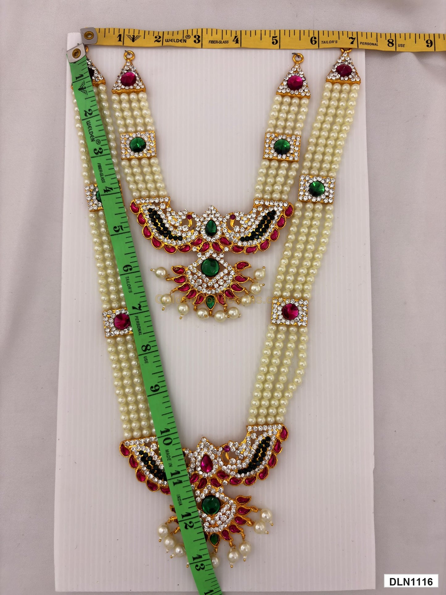 Measurement photo showing 13 x 7 Inches deity chest long haram with measuring tape for idol alankaram