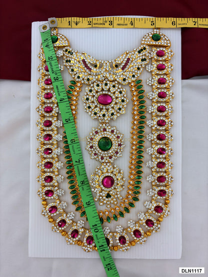 Measurement photo showing 11 x 5 Inches deity chest long haram with measuring tape for idol alankaram