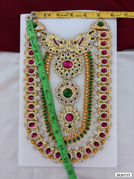 Measurement photo showing 11 x 5 Inches deity chest long haram with measuring tape for idol alankaram