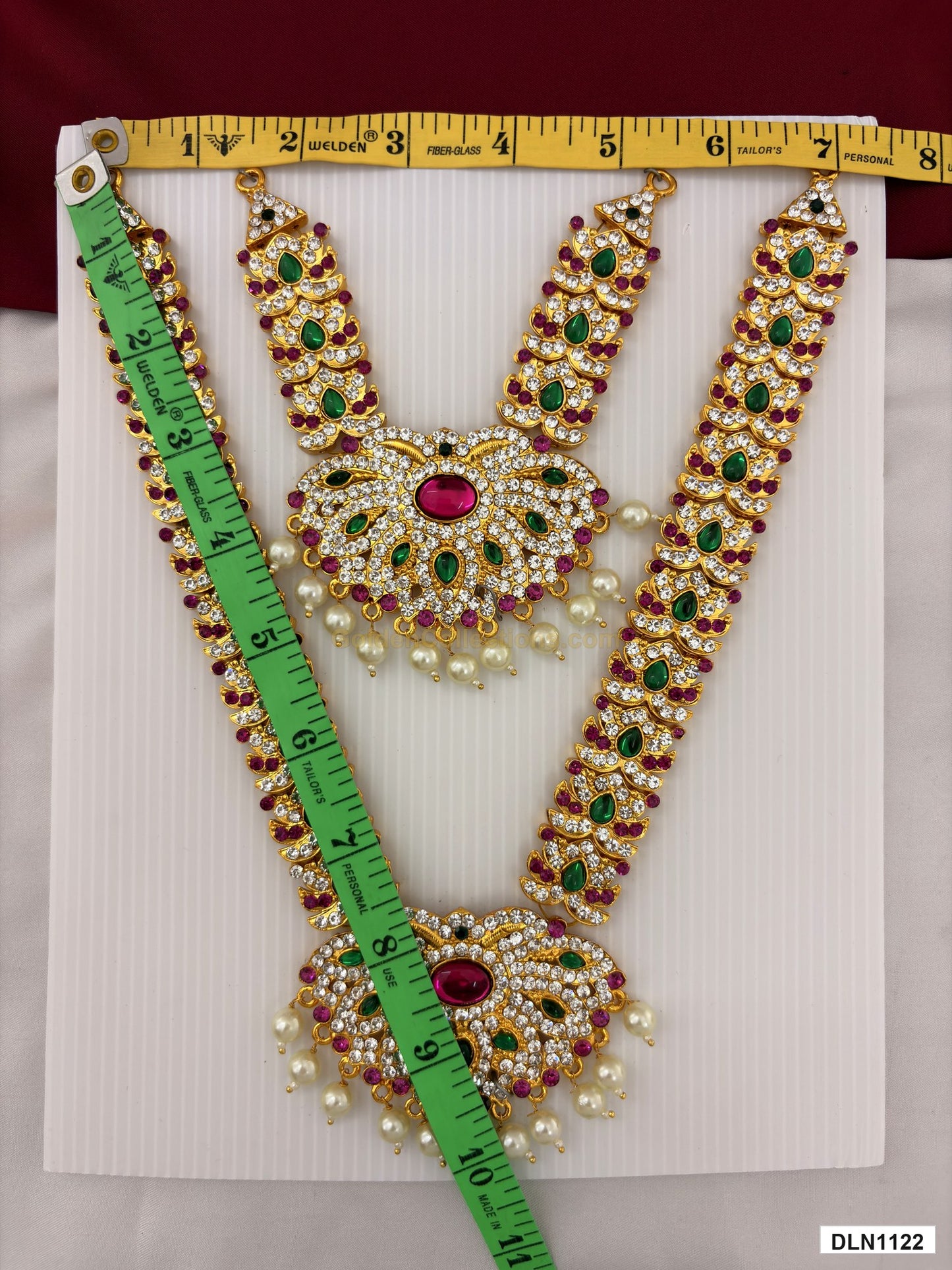 Measurement photo showing 10 x 7 Inches deity chest long haram with measuring tape for idol alankaram