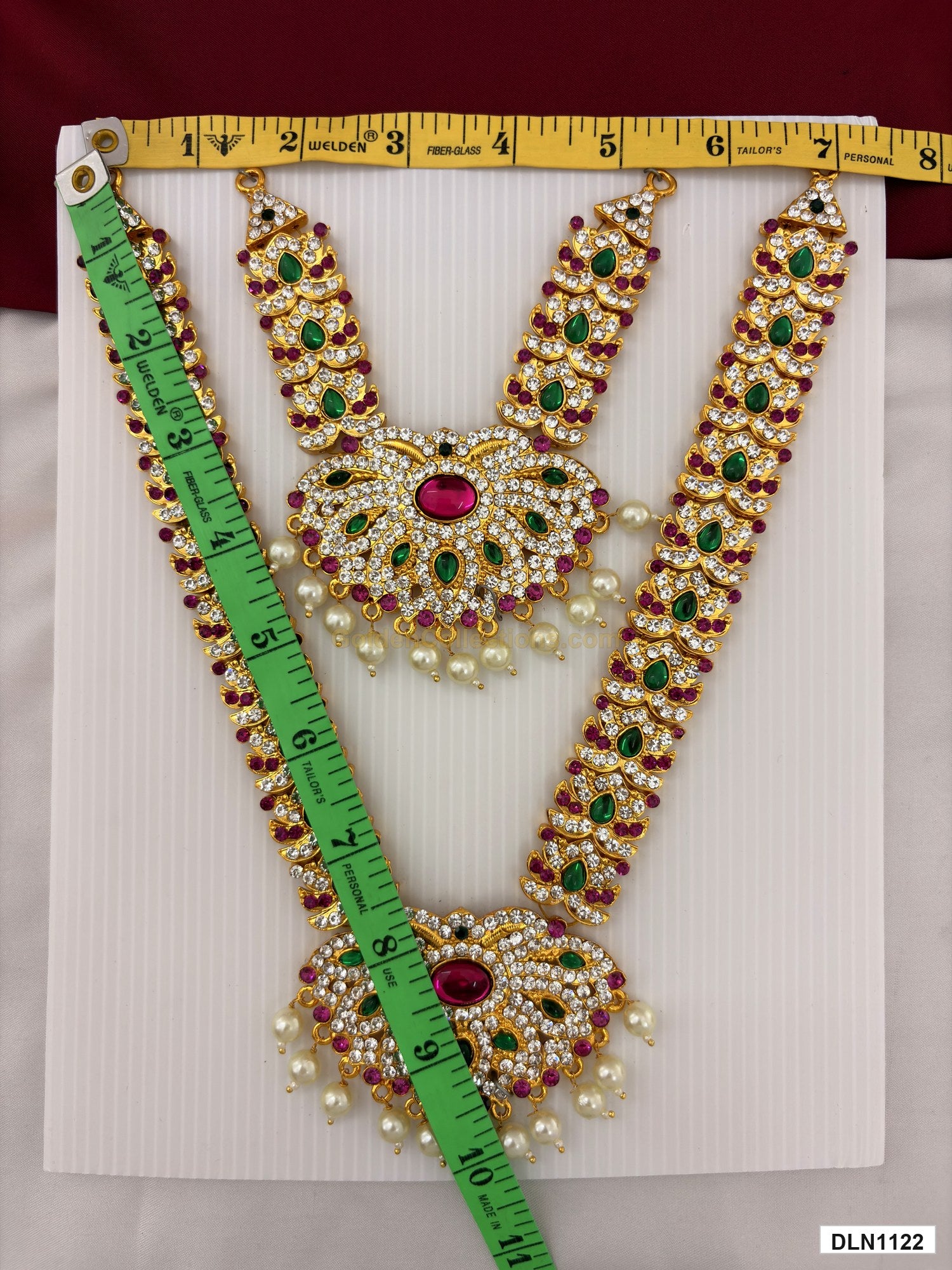 Measurement photo showing 10 x 7 Inches deity chest long haram with measuring tape for idol alankaram