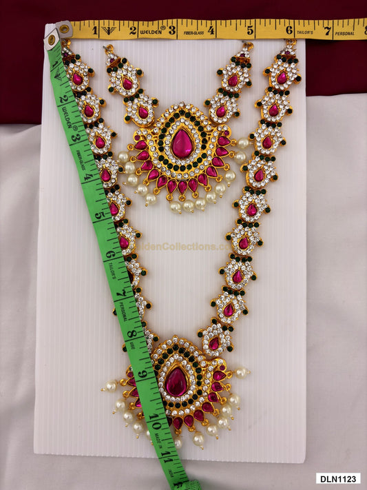 Measurement photo showing 10 x 6 Inches deity chest long haram with measuring tape for idol alankaram
