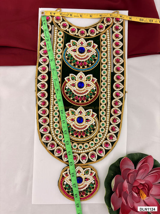 Measurement photo showing 18 x 8 Inches deity chest long haram with measuring tape for idol alankaram
