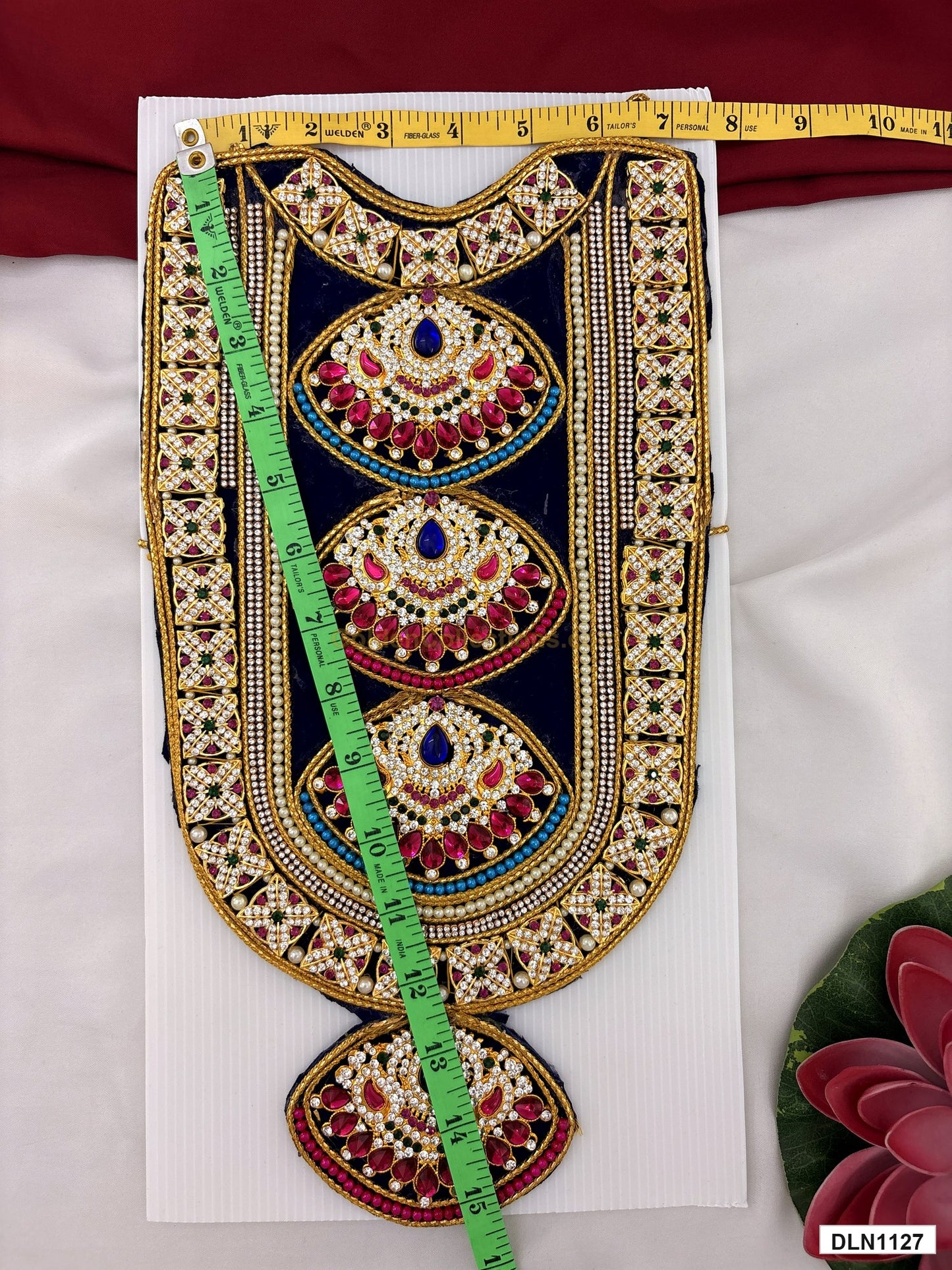 Measurement photo showing 15 x 8 Inches deity chest long haram with measuring tape for idol alankaram