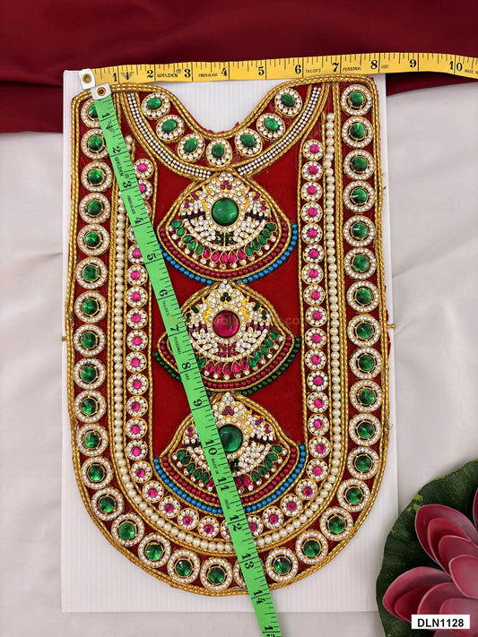 Measurement photo showing 13 x 8 Inches deity chest long haram with measuring tape for idol alankaram