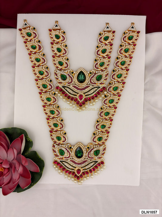 2 step deity long haram DLN1057 full product view with green, pink and gold stone work and gold plating for idol alankaram