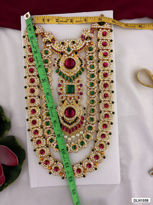 chest deity long haram DLN1058 full product view with pink, green and gold stone work and gold plating for idol alankaram