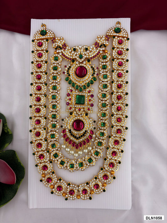 Measurement photo showing 12 x 5 Inches deity long haram with measuring tape for idol alankaram