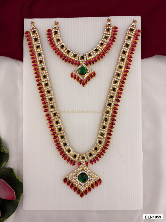 2 step deity long haram DLN1059 full product view with pink, green and gold stone work and gold plating for idol alankaram