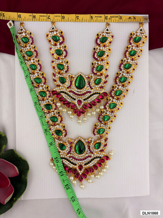 2 step deity long haram DLN1060 full product view with green, pink and gold stone work and gold plating for idol alankaram