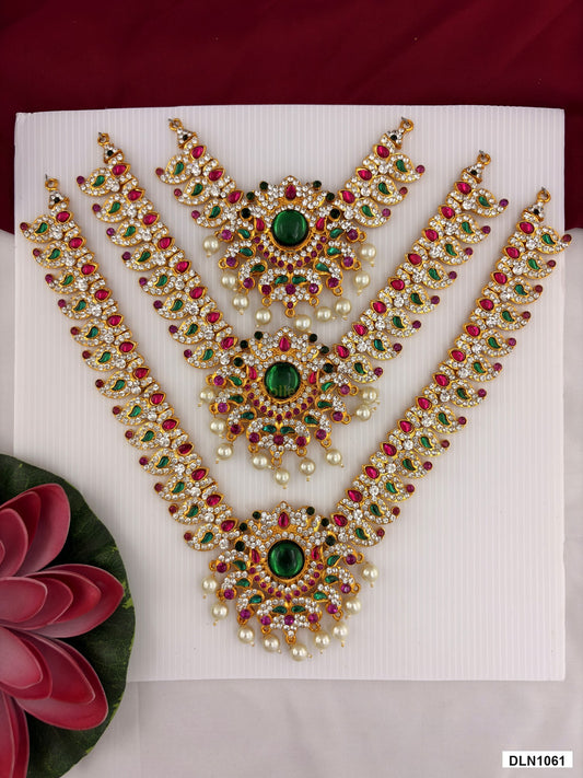 3 step deity long haram DLN1061 full product view with green, pink and gold stone work and gold plating for idol alankaram