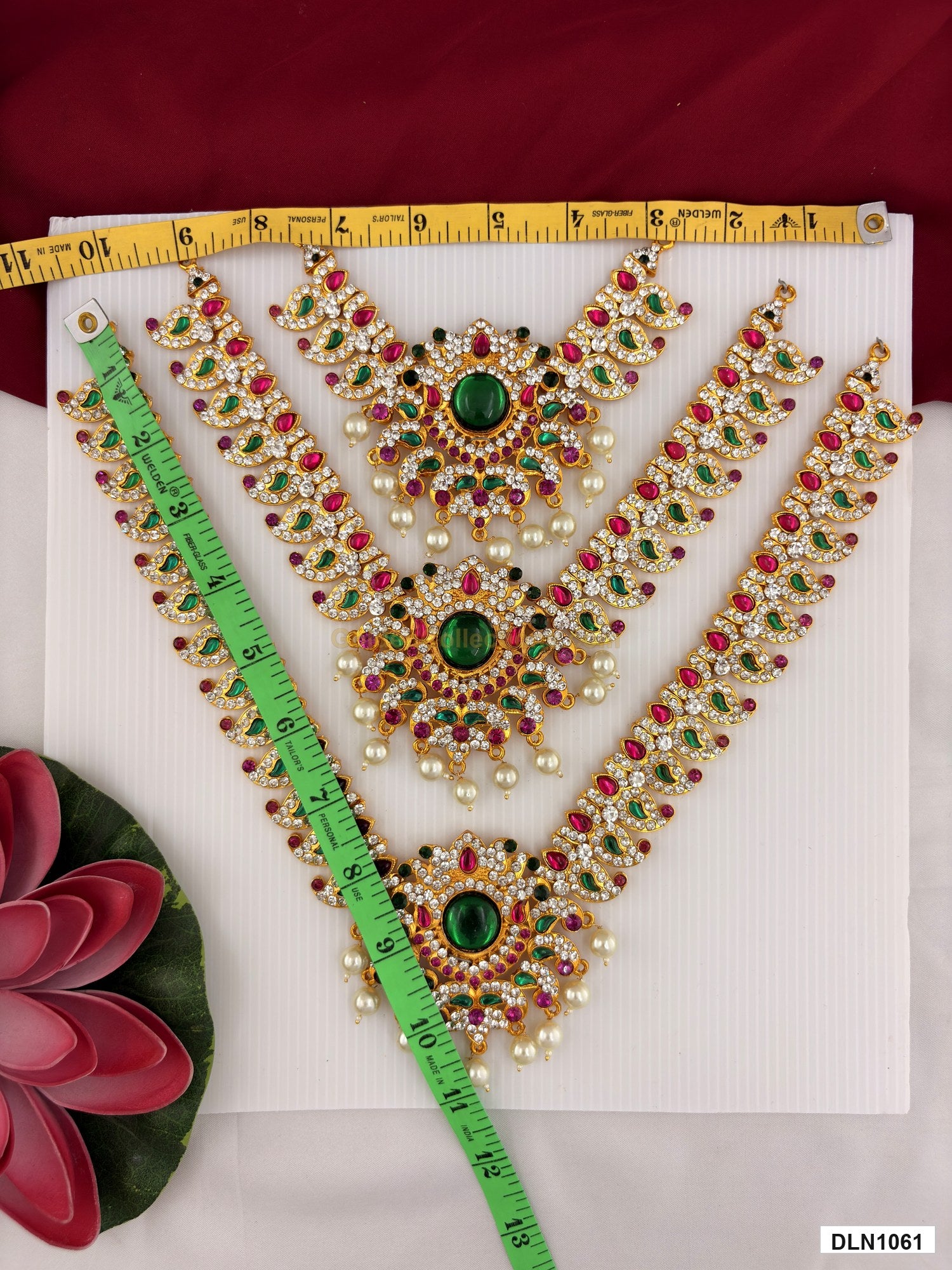 Measurement photo showing 11 x 10 Inches deity long haram with measuring tape for idol alankaram