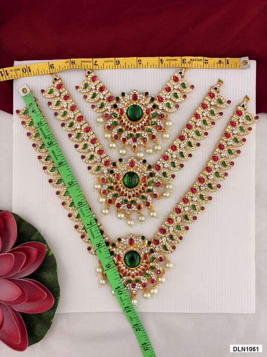 Measurement photo showing 11 x 10 Inches deity long haram with measuring tape for idol alankaram