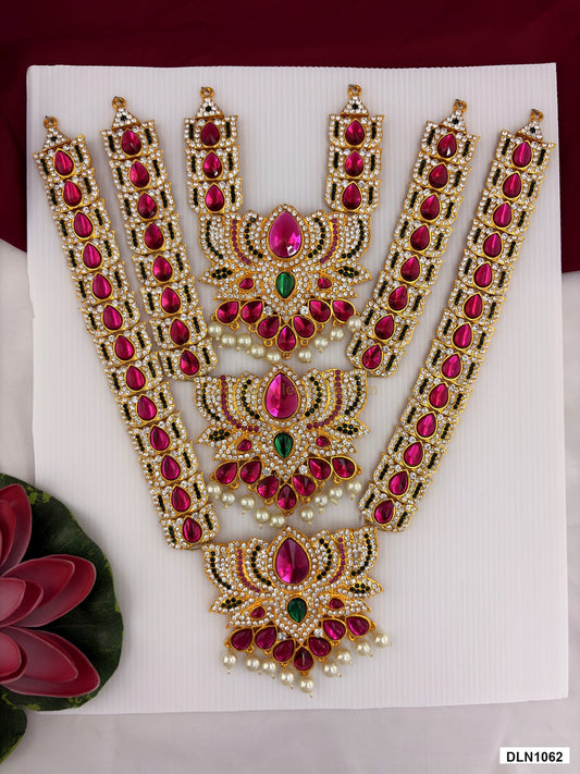 3 step deity long haram DLN1062 full product view with pink, green and gold stone work and gold plating for idol alankaram