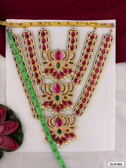 Measurement photo showing 14 x 11 Inches deity long haram with measuring tape for idol alankaram