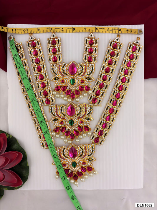 Measurement photo showing 14 x 11 Inches deity long haram with measuring tape for idol alankaram