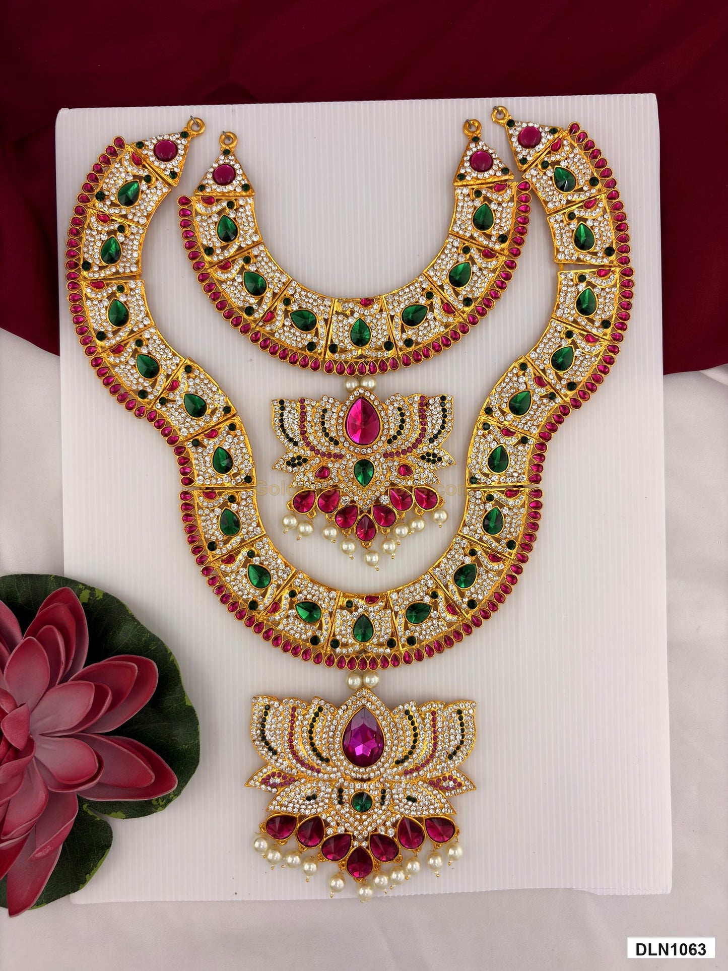 chest deity long haram DLN1063 full product view with mixed green, pink and gold stone work and gold plating for idol alankaram