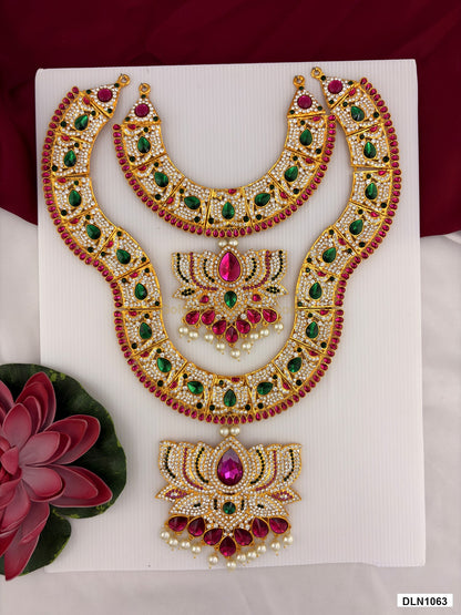 chest deity long haram DLN1063 full product view with mixed green, pink and gold stone work and gold plating for idol alankaram