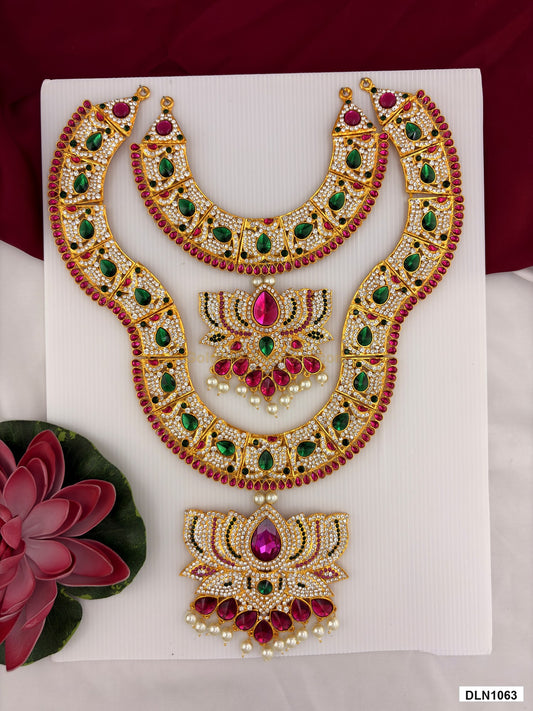 chest deity long haram DLN1063 full product view with mixed green, pink and gold stone work and gold plating for idol alankaram