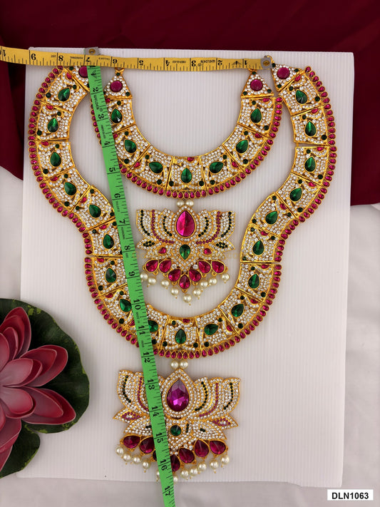 Measurement photo showing 16 x 7 Inches deity long haram with measuring tape for idol alankaram