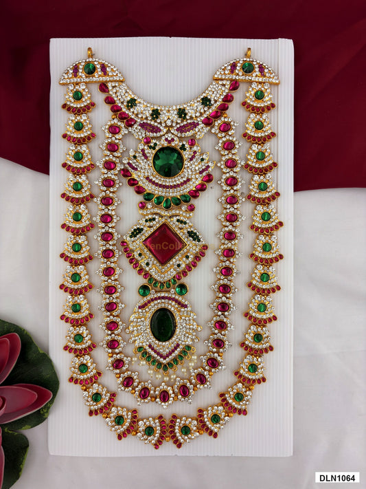 chest deity long haram DLN1064 full product view with green, pink and gold stone work and gold plating for idol alankaram
