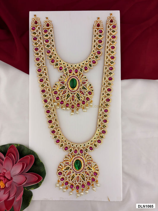 2 step deity long haram DLN1065 full product view with green, pink and gold stone work and gold plating for idol alankaram