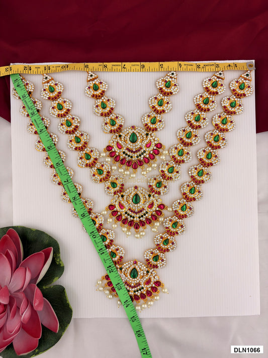Measurement photo showing 14 x 13 Inches deity long haram with measuring tape for idol alankaram