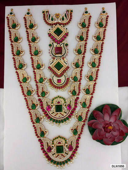 3 step deity long haram DLN1050 full product view with green, pink and gold stone work and gold plating for idol alankaram