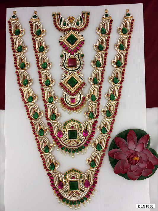 3 step deity long haram DLN1050 full product view with green, pink and gold stone work and gold plating for idol alankaram