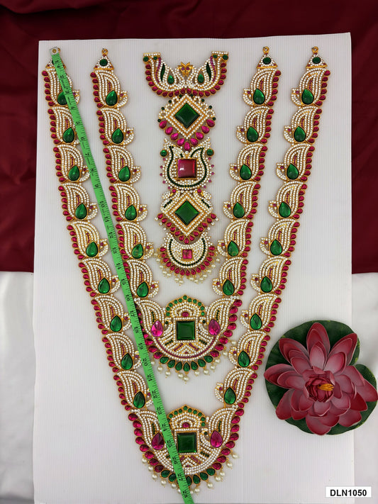Length measurement photo showing 28 Inches deity long haram with measuring tape for idol alankaram
