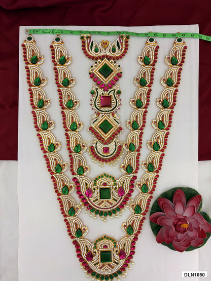 Width measurement photo showing 16 Inches deity long haram with measuring tape for idol alankaram