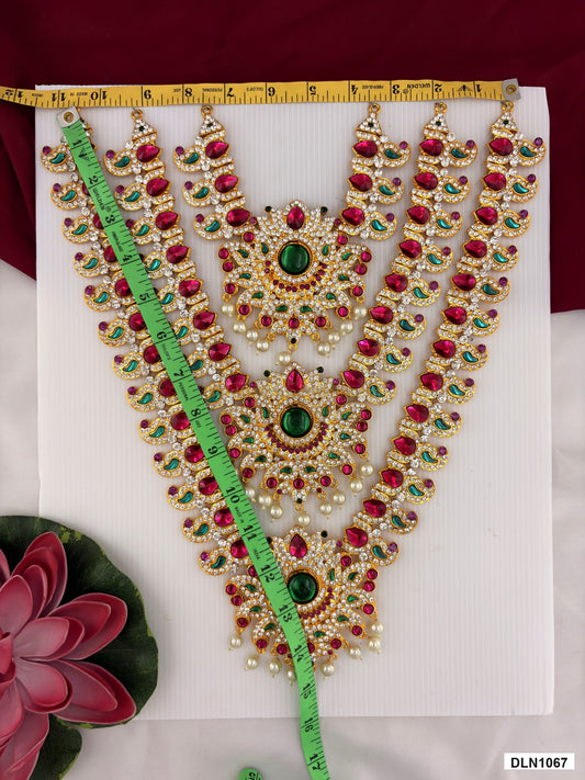 Measurement photo showing 15 x 10 Inches deity long haram with measuring tape for idol alankaram