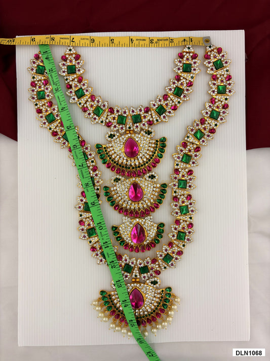 Measurement photo showing 15 x 8 Inches deity long haram with measuring tape for idol alankaram