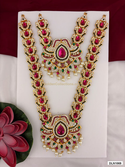 2 step deity long haram DLN1069 full product view with pink, green and gold stone work and gold plating for idol alankaram