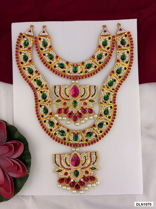 chest deity long haram DLN1070 full product view with pink, green and gold stone work and gold plating for idol alankaram