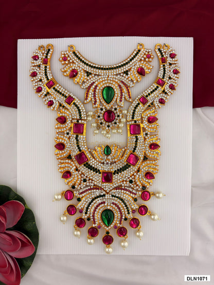 chest deity long haram DLN1071 full product view with mixed green, pink and gold stone work and gold plating for idol alankaram