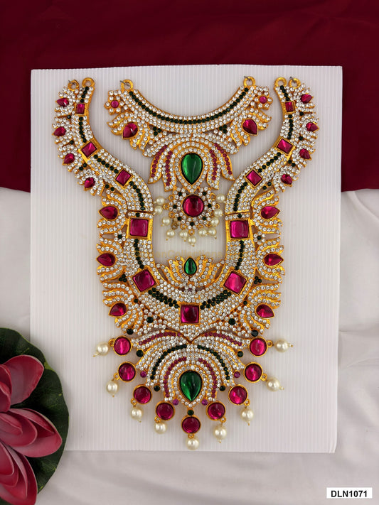 chest deity long haram DLN1071 full product view with mixed green, pink and gold stone work and gold plating for idol alankaram