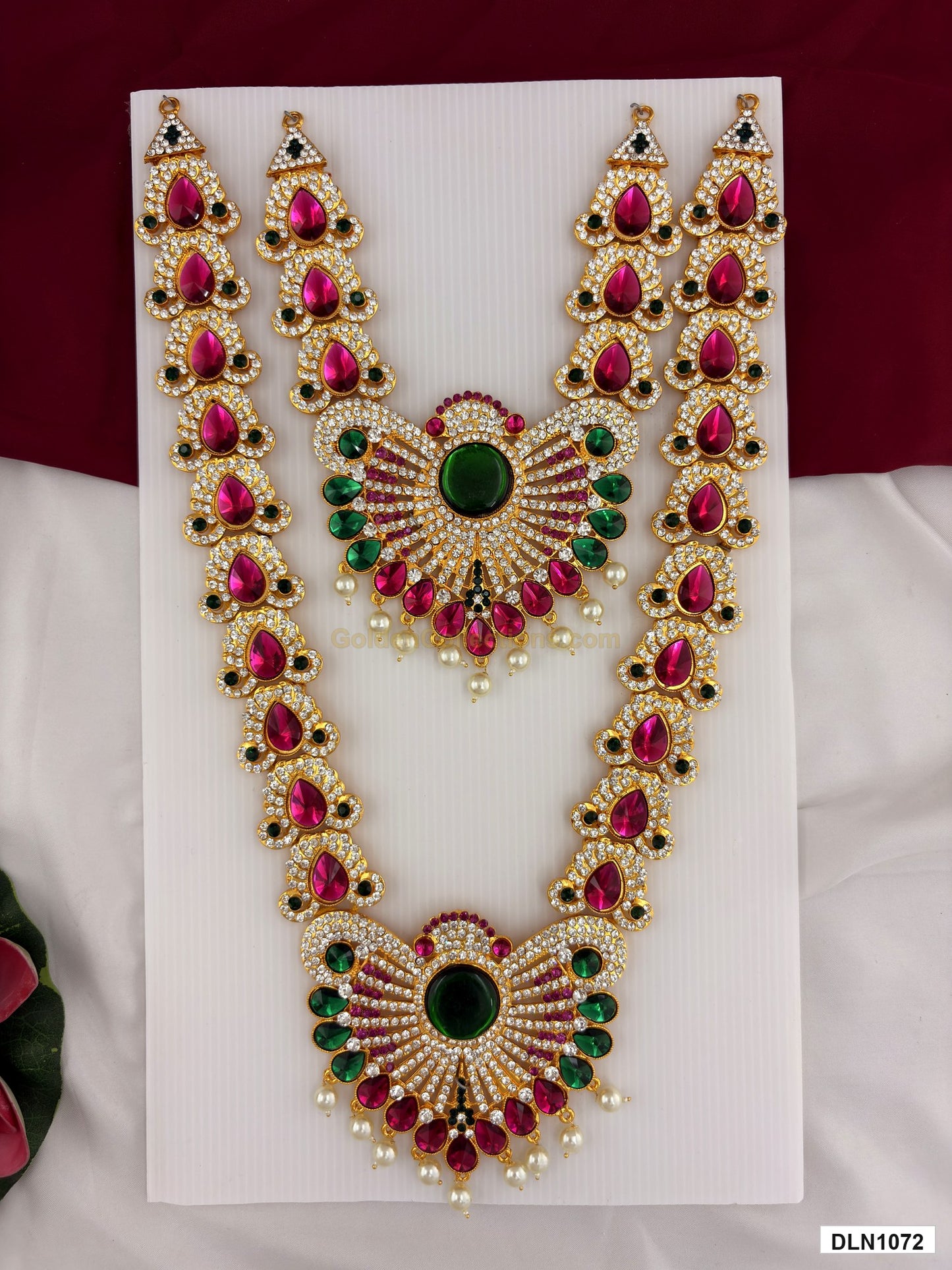 2 step deity long haram DLN1072 full product view with pink, green and gold stone work and gold plating for idol alankaram