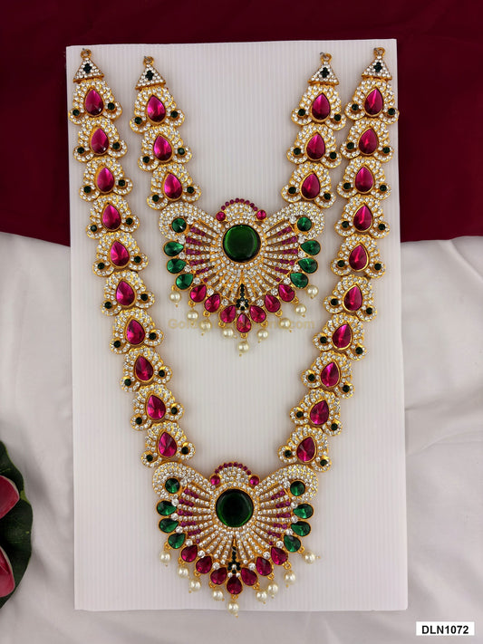 2 step deity long haram DLN1072 full product view with pink, green and gold stone work and gold plating for idol alankaram