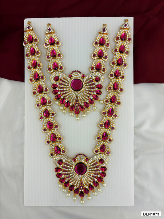 2 step deity long haram DLN1073 full product view with pink, green and gold stone work and gold plating for idol alankaram