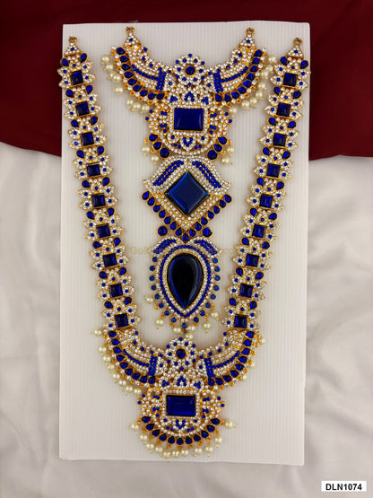 2 step deity long haram DLN1074 full product view with blue and gold stone work and gold plating for idol alankaram