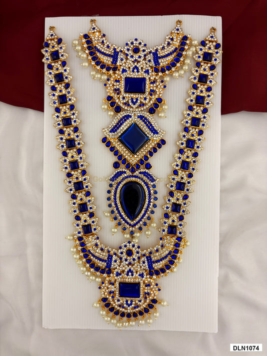 2 step deity long haram DLN1074 full product view with blue and gold stone work and gold plating for idol alankaram