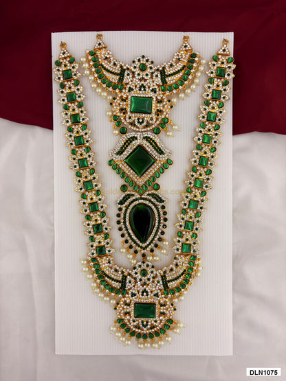 2 step deity long haram DLN1075 full product view with green, pink and gold stone work and gold plating for idol alankaram
