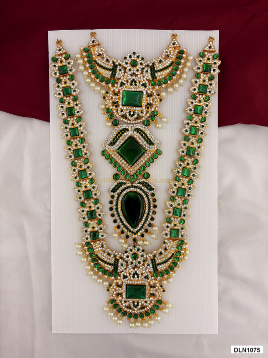 2 step deity long haram DLN1075 full product view with green, pink and gold stone work and gold plating for idol alankaram