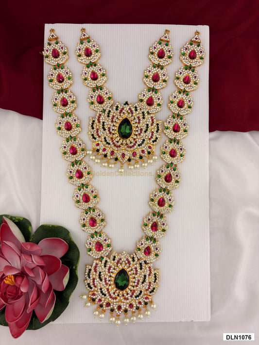 2 step deity long haram DLN1076 full product view with green, pink and gold stone work and gold plating for idol alankaram