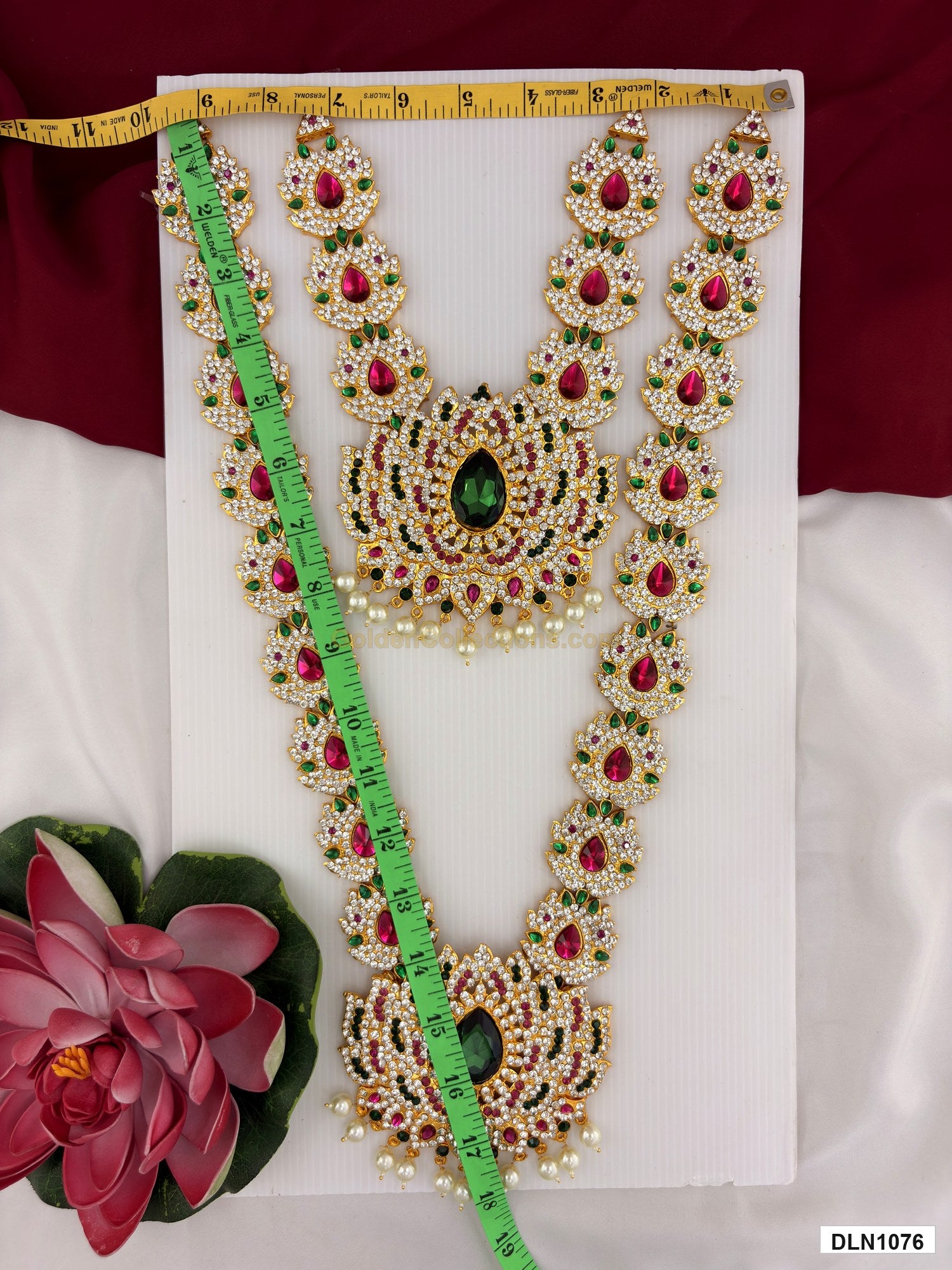 Measurement photo showing 18 x 9 Inches deity long haram with measuring tape for idol alankaram