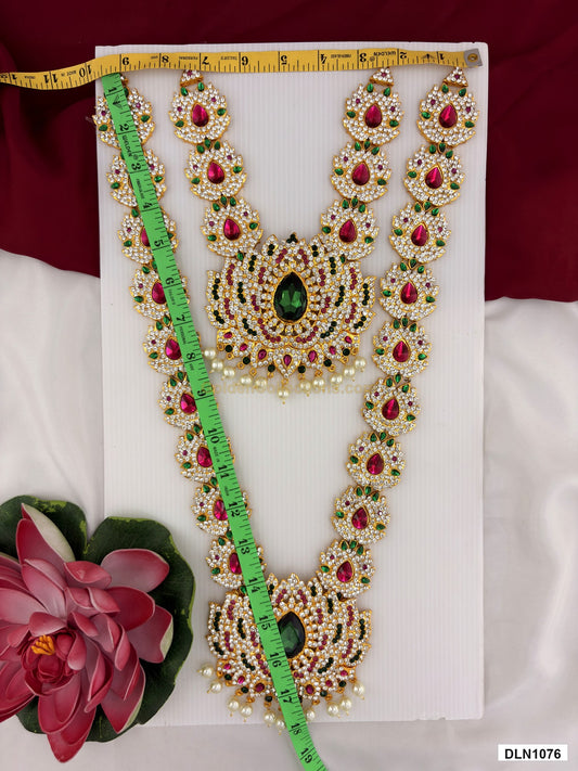 Measurement photo showing 18 x 9 Inches deity long haram with measuring tape for idol alankaram