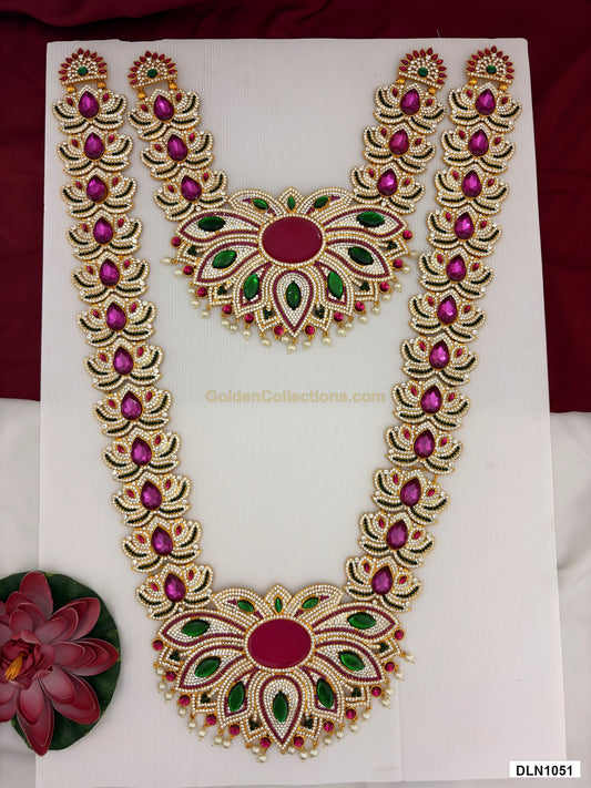 2 step deity long haram DLN1051 full product view with pink, green and gold stone work and gold plating for idol alankaram
